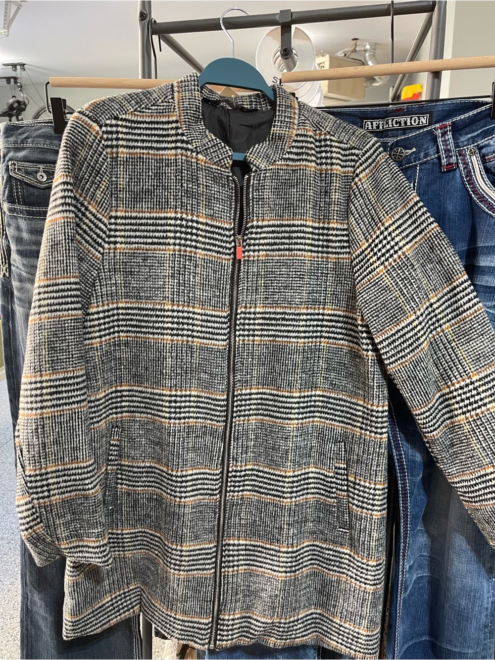 Stoosh Checked Zip-Front Jacket in Black, Gray & Tan